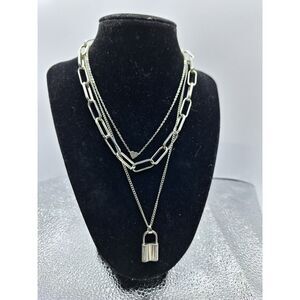 A Silver Tone Multi-Strand Fashion Necklace Padlock Pendant Heart Charm